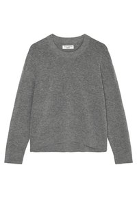 Maglione grigio lavorato a maglia con scollatura rotonda, maniche lunghe e orlo leggermente curvo. Tessuto morbido, senza motivi o accessori visibili.