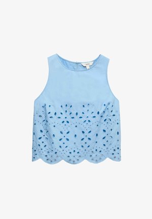Top corto smanicato azzurro chiaro con ricami floreali a intaglio e orlo smerlato, cerniera sul retro, sezione superiore semplice.
