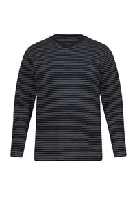 Chemise à manches longues en marine avec des rayures horizontales blanches. Design en V et col côtelé. Tissu doux avec une texture uniforme. Petit logo sur la poitrine.
