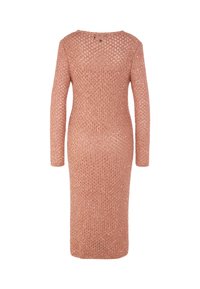 Langärmeliges Kleid in Midi-Länge aus strukturierter, offen gestrickter Stoff. Weiches Rosa mit rundem Ausschnitt und Knopfdetail auf der Rückseite.