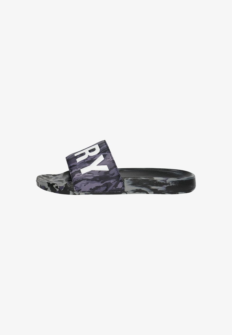 Slide sandal with a wide, patterned strap in shades of purple and gray, featuring large white lettering. Textured sole for grip.