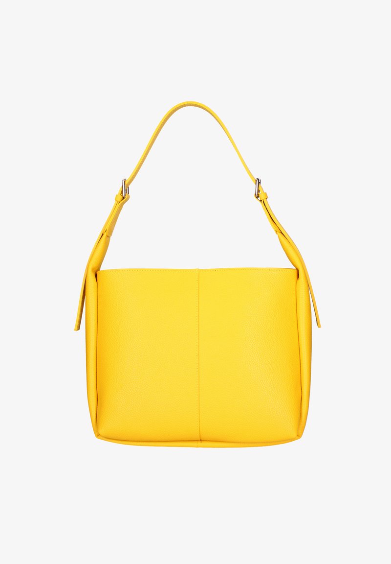 Sac à main en cuir jaune au design structuré, doté d'une seule sangle ajustable et d'une finition texturée. Pas de matériel ni d'accents visibles.
