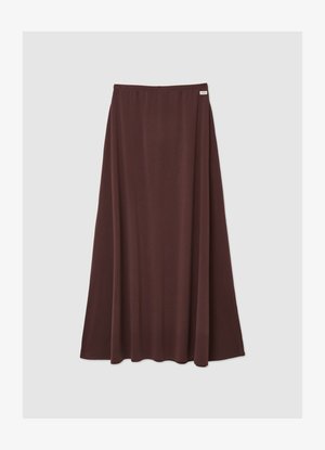 Long, flowing skirt in deep brown fabric. Features a stretchy waistband for comfort. Smooth texture with no visible patterns or accents.