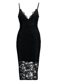 Černé krajkové šaty s přiléhavým siluetam, V-výstřihem a tenkými ramínky. Mají květinový krajkový vzor a poloprůsvitný spodní lem.