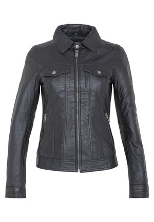 Chaqueta de cuero negro con cremallera frontal, dos bolsillos en el pecho con botones, bolsillos laterales con cremallera y cuello.