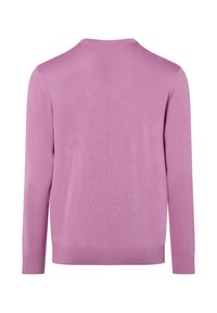 Schlichter langärmeliger Pullover mit Rundhalsausschnitt in Helllila, Rückansicht, mit gerippten Bündchen und Saum.