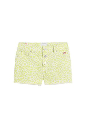 Pantalones cortos vaqueros con estampado de leopardo amarillo, cierre de botones, bolsillos delanteros y logo bordado en rosa en el bolsillo derecho.