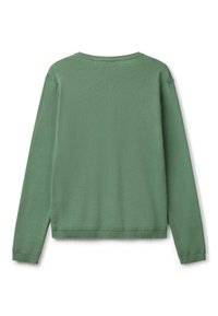 Zelený dlouhý svetr s kulatým výstřihem. Měkká, texturovaná látka a žebrované zakončení rukávů a spodního lemu. Jednoduchý design, bez viditelných vzorů.