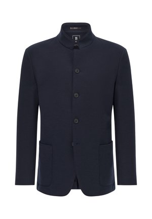 Marineblauer, langärmeliger Blazer mit Stehkragen, fünf Knöpfen, zwei Fronttaschen und einer glatten Stoffstruktur.