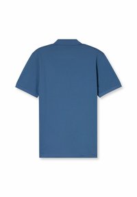 Blauwe poloshirt, korte mouwen, geribbelde kraag, gemaakt van gestructureerde katoenstof. Eenvoudig ontwerp zonder versieringen of patronen.