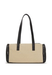 Canvas- und Leder-Dufflebag, beiger Korpus, schwarze Lederelemente, zentrale Reißverschlussöffnung, zwei schwarze Schulterriemen und Details aus Metall.