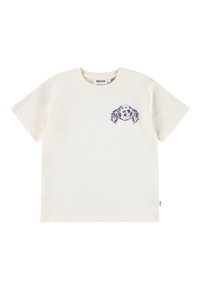 Hellbeige Baumwoll-T-Shirt mit einem Hundedruck auf der linken Brust. Kurzärmlig, runder Ausschnitt, lässige Passform mit einem Markenlabel am Saum.