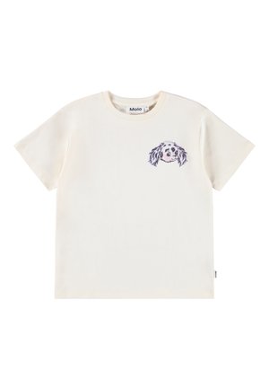 T-shirt en coton couleur crème avec un imprimé de chien sur la poitrine gauche. Manches courtes, col rond, coupe décontractée, avec une étiquette de marque à l'ourlet.