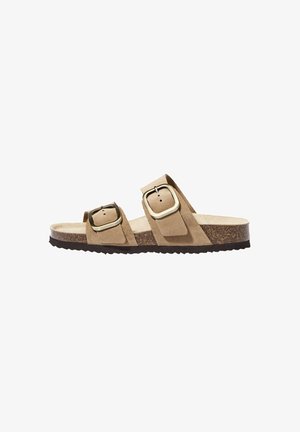 Tan suede sandals with two wide straps, each featuring a gold square buckle, on a light brown textured footbed and dark rubber sole.