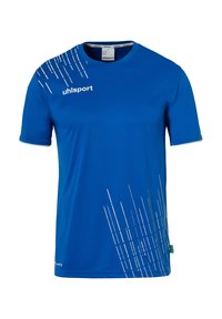 Blå trænings T-shirt lavet af glat stof; har hvide diagonale striber og brandlogo på brystet; rund halsudskæring og korte ærmer.