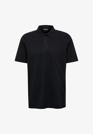 Schwarzes Poloshirt mit kurzen Ärmeln, Zwei-Knopf-Leiste und Kragen, aus weichem Stoff, dargestellt vor weißem Hintergrund.