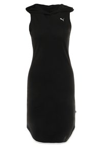 Svart ärmlös klänning med huva, tillverkad av mjukt tyg. Har en vit logotyp på bröstet, rundad nederkant och minimalistisk design.