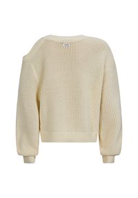 Cremfarbener gestrickter Pullover mit lockerer Passform, der eine strukturierte, offene Maschenart aufweist, mit überschnittenen Schultern und gerippten Bündchen und Saum.