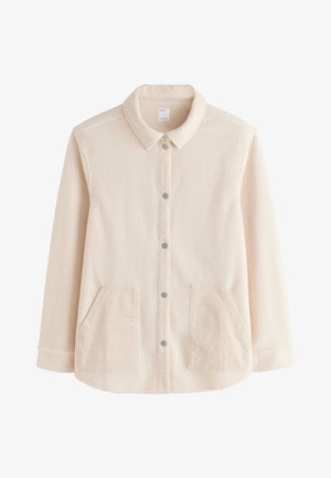 Jakna iz kremastega flisa z ovratnikom, pritisnimi gumbi, dvema sprednjima žepoma iz rebrastega materiala in teksturirano površino.