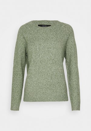 Pull tricoté à manches longues et col rond en tissu chiné vert clair avec poignets et ourlet côtelés.