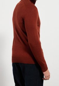 Gebreide, roestkleurige trui met een hoge kraag en geribbelde manchetten. Zachte textuur, aansluitende pasvorm. Draagt donkerbruine corduroy broek.