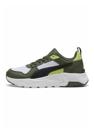 Low-top sneaker with green, white, black, and yellow mesh and leather panels, white thick sole, and black Puma logo on the side.