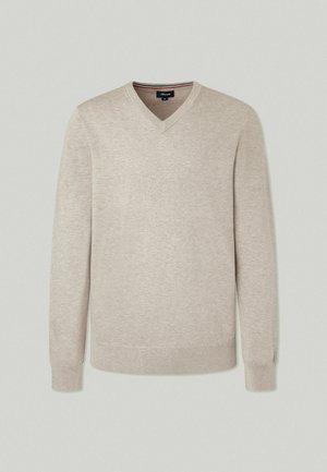 Maglione beige chiaro a V realizzato in morbido tessuto a maglia. Maniche lunghe con polsini e orlo a costine. Design semplice senza motivi o dettagli visibili.