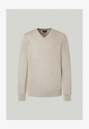 Lichtbeige v-hals trui gemaakt van zacht breiwerk. Lange mouwen met ribgebreide manchetten en zoom. Eenvoudig ontwerp zonder zichtbare patronen of accenten.
