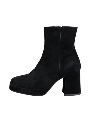 Black suede ankle boots with a square toe, thick block heel, and a side zipper. Features a subtle embossed logo detail.
