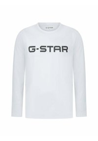 Witte lange mouw T-shirt met een groot zwart "G-STAR" logo op de voorkant, gemaakt van lichtgewicht stof met een ronde hals.