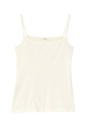 Débardeur blanc à fines bretelles spaghetti, confectionné dans un tissu lisse, avec un col rond et une silhouette ajustée. L'étiquette indique "PROMOD."