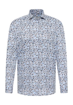 Camicia a maniche lunghe con bottoni, motivo floreale blu e nero su sfondo bianco, colletto e polsini aderenti.