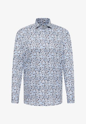 Camicia a maniche lunghe con bottoni, motivo floreale blu e nero su sfondo bianco, colletto e polsini aderenti.