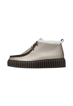 Silver textured leather ankle boots with brown suede accents, fleece lining, and a ribbed dark brown sole. Round toe and lace closure.