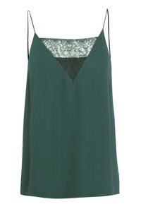 Mörkgrön top med tunna svarta axelband, med en spetsinsats i V-formad design framtill. Slät tygtextur, avslappnad passform.