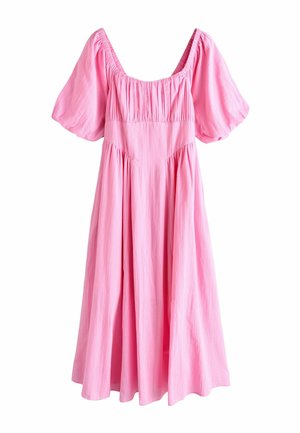 Rosa Sommerkleid aus leichtem Material; mit kurzen Puffärmeln, einem gerafften Oberteil und einem ausgestellten Rock. Glatte Textur, schlichtes Design.