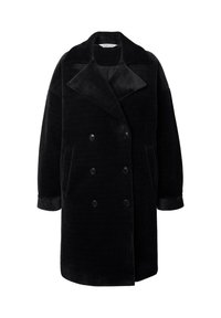 Manteau noir mi-long à double boutonnage avec larges revers, boutons, deux poches latérales et longues manches avec poignets retournés.