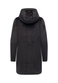 Giacca nera lunga con cappuccio realizzata in un tessuto morbido e strutturato. Presenta un design a coste, maniche lunghe e una lunghezza dell'orlo al di sotto dei fianchi.