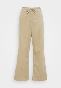 Beige kordfløyelsbukser med vid ben, strikket midje, ribbet tekstur og en avslappet passform. Ingen synlige lommer eller hardware-detaljer.