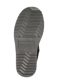 Zwarte rubberen buitenzool met een zigzag profiel; geperste "Warmbat Australia" logo. Ontworpen voor grip en duurzaamheid.