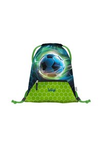Sacca con cordino caratterizzata da una grafica di un pallone da calcio su uno sfondo blu e verde, con una tasca a pattern esagonale verde e dettagli neri.