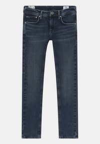Tmavě modré skinny džíny s hladkou denimovou texturou, designem s pěti kapsami a poutky na opasek. Obsahují malý kovový knoflík a kontrastní švy.