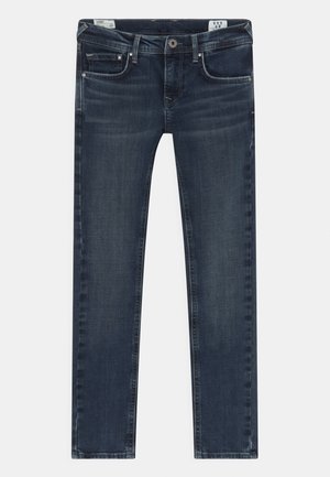 Jean slim bleu foncé avec une texture en denim lisse, design à cinq poches et passants de ceinture. Comprend un petit bouton en métal et des coutures contrastées.