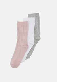 Three pairs of ribbed socks in pink, white, and grey. Each sock features a soft texture and a cuffed top.