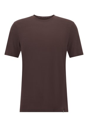 Camiseta de manga corta marrón oscuro con cuello redondo, hecha de un tejido suave, con una textura sutil y una pequeña etiqueta de la marca en el dobladillo.