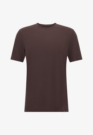 T-shirt corto marrone scuro con maniche corte, collo rotondo, realizzato in tessuto morbido, caratterizzato da una leggera texture e da un piccolo etichetta del marchio sull'orlo.
