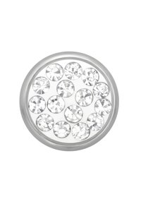 Pulsante rotondo in tono argento con 14 cristalli trasparenti disposti in un motivo circolare, con una superficie liscia e lucida e faccette riflettenti.