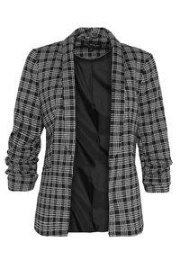 Czarny i biały żakiet w kratę z marszczonymi rękawami i otwartym przodem, z gładką czarną podszewką.