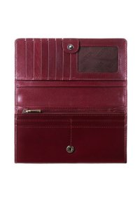 Rode leren portemonnee met meerdere kaartvakken, een ritsvak voor munten en een doorzichtige ID-sleuf met drukknoopsluiting. Gladde textuur.