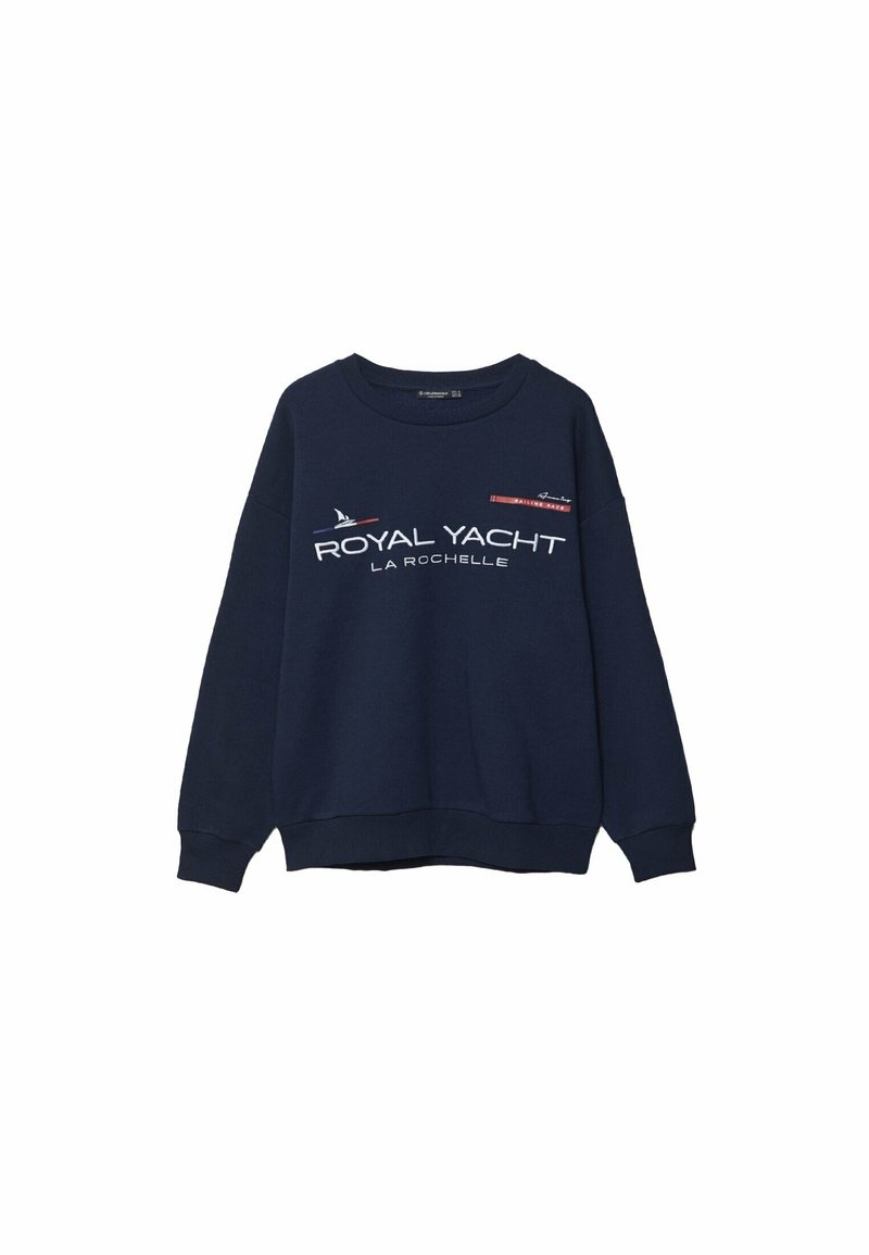 Sweat-shirt bleu marine à manches longues, col rond et poignets côtelés. Présente un texte blanc "ROYAL YACHT LA ROCHELLE" et un dessin de voilier.